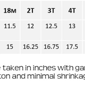 May include: Size chart for baby clothing in inches, showing chest width and length measurements for sizes 6M to 10. Measurements are taken with the garment lying flat. The garment is 100% cotton and minimal shrinkage is expected.