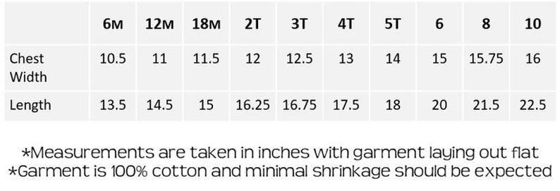 May include: Size chart for baby clothing in inches, showing chest width and length measurements for sizes 6M to 10. Measurements are taken with the garment lying flat. The garment is 100% cotton and minimal shrinkage is expected.