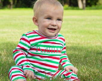 Boys Christmas Romper Stripesin Red, Green and White,Personalized Christmas Outfit, Baby outfit, Toddler Outfit, Matching Family