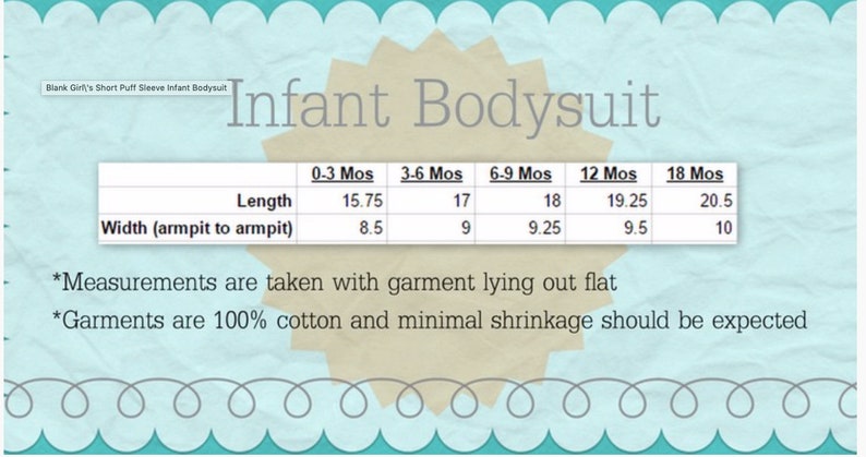 May include: A chart showing infant bodysuit sizes in months and corresponding length and width measurements in inches. The chart shows sizes from 0-3 months to 18 months.