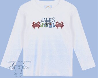 Personalized Beach Embroidery Shirt-Embroidered Crabs and Beach Toys, July 4th, Beach, Summer Shirt-Boys or Girls
