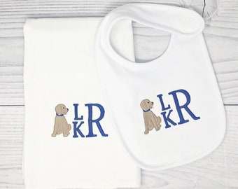 Baby Boy Personalized Bib and Burp Cloth- Personalized Bib with puppy for Boys-Personalized Baby Gift-Baby Shower Gift