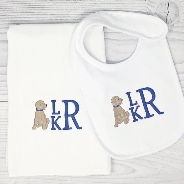 Baby Boy Personalized Bib and Burp Cloth- Personalized Bib with puppy for Boys-Personalized Baby Gift-Baby Shower Gift