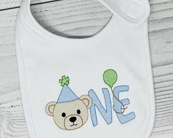 Baby 1st Birthday Bib, Bear themed first Birthday Bib, Embroidered Birthday Bib
