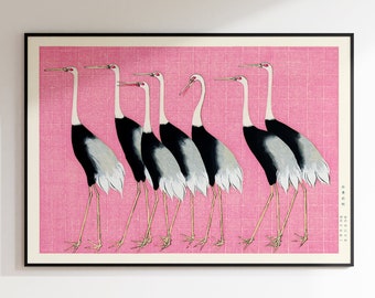 May include: A vintage Japanese print of seven white and black cranes on a pink background. The cranes are arranged in a line, facing the right side of the image. The print is framed in a black frame.