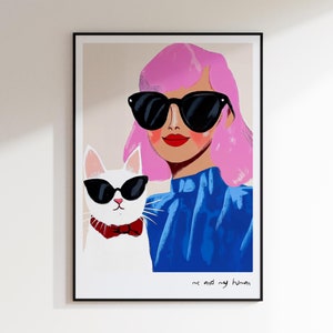 Cat Lover Gift, Me and My Human, Woman and Cat in Sunglasses Giclée Print, Fun Animal Print, Feline Themed Art