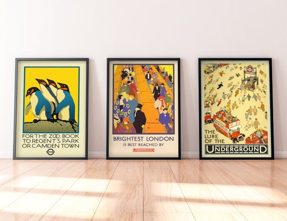 Set of 3 London Underground Prints Vintage Travel Poster Art Deco