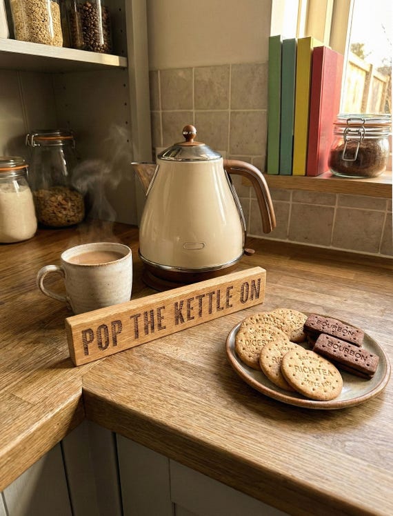 Oak Shelf Sitter Sign “Pop The Kettle On”, Handmade Wooden Home Decor, Kitchen Gift