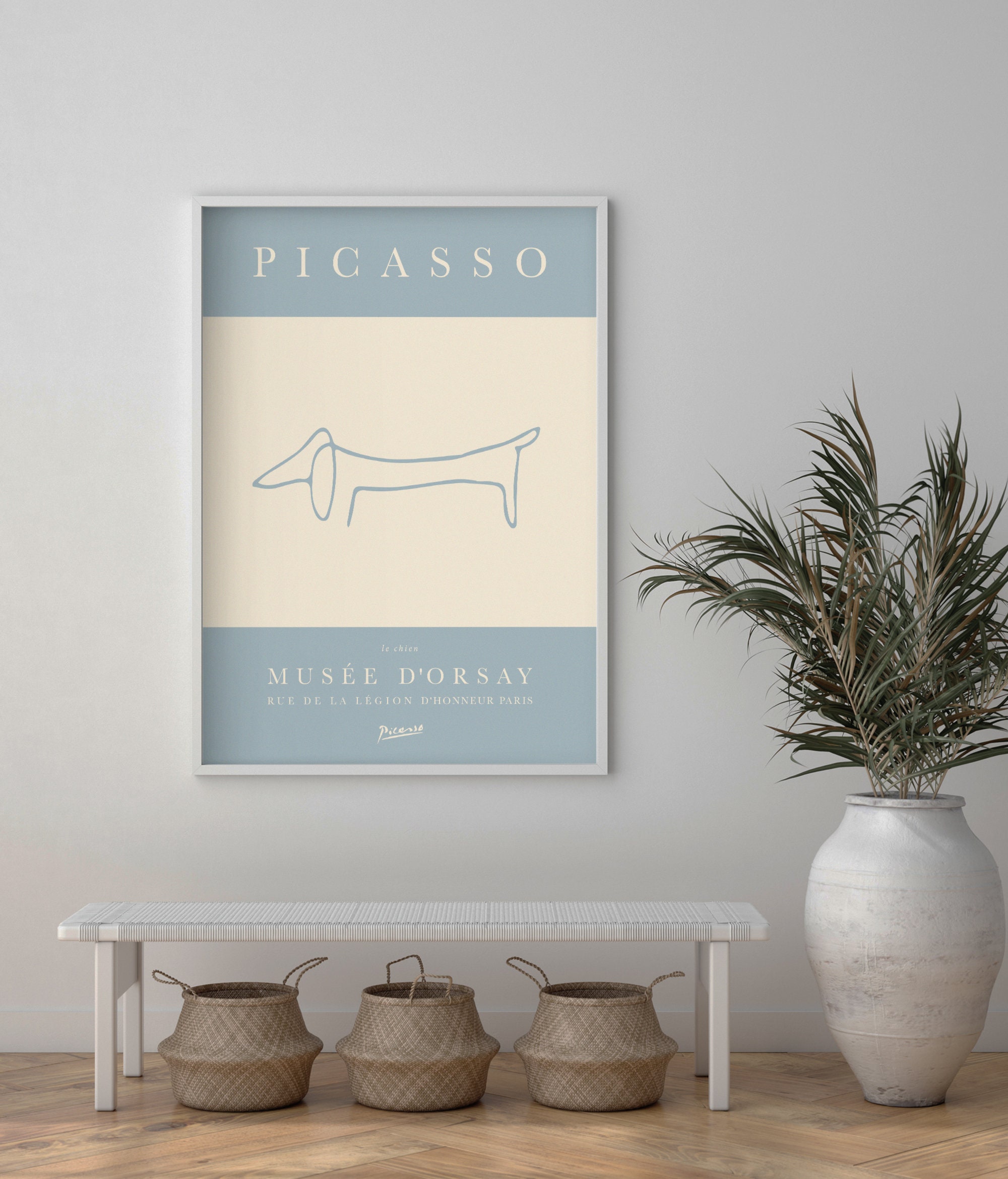 Picasso Sausage Dog Poster, Dachshund Print, Blue Line Art Print, Minimalist Picasso Exhibition
