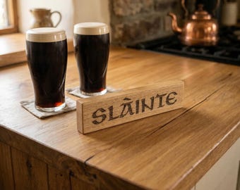 Slainte Oak Shelf Sitter, Rustic Gaelic Toast Sign, Handcrafted Bar Decor