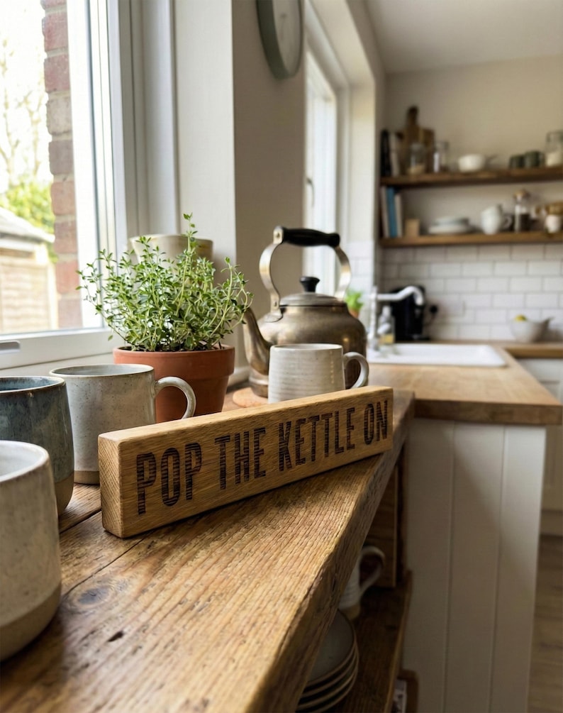 May include: A kitchen interior with a wooden sign reading "POP THE KETTLE ON". The sign is on a wooden shelf with mugs, a vintage teapot, and a potted plant. The kitchen has a window and a white tiled backsplash.