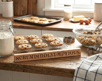 Oak Shelf Sitter, “Scrumdiddlyumptious” Handmade Solid Wood Sign, Fun Kitchen Decor