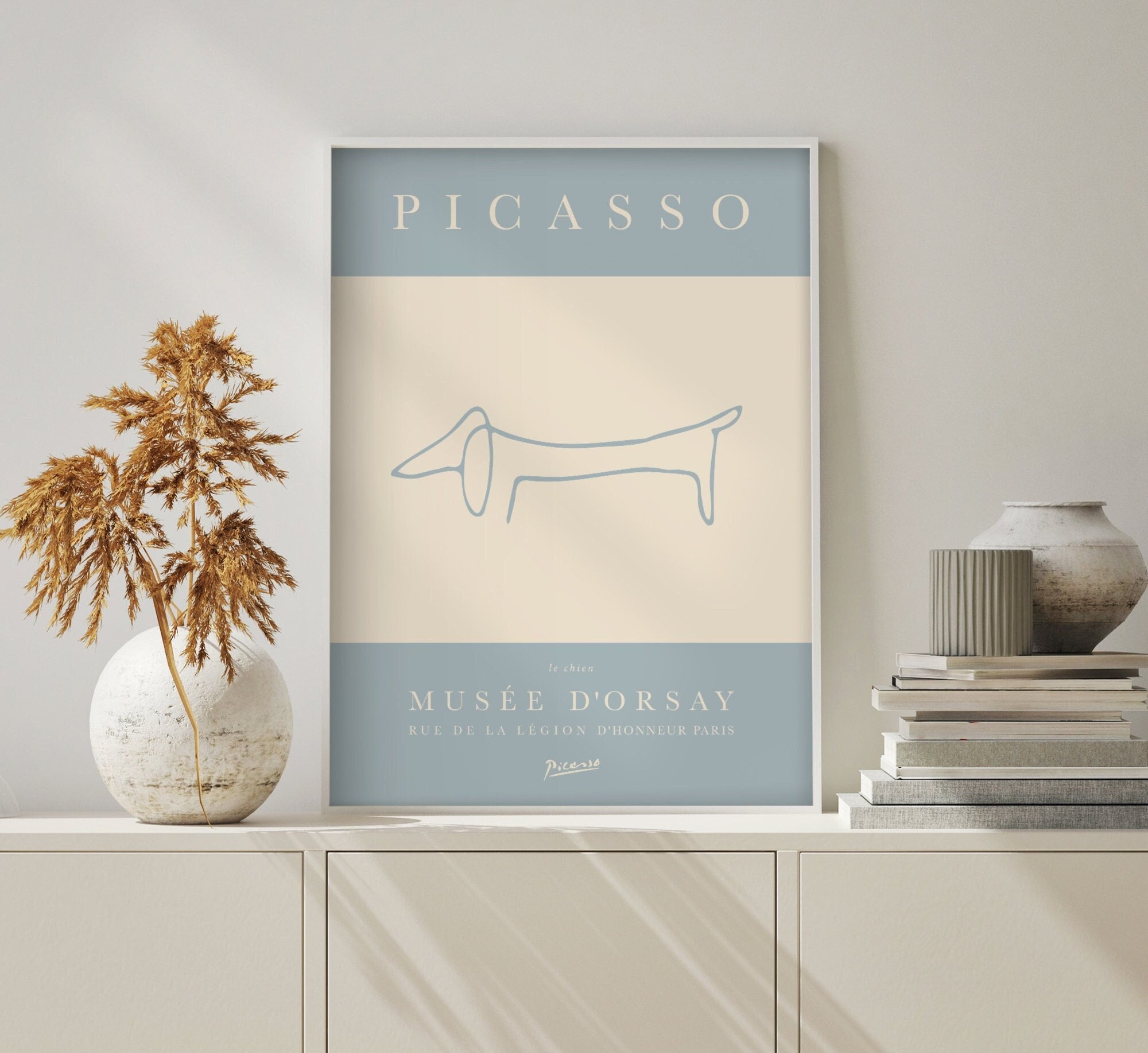 Picasso Sausage Dog Poster, Dachshund Print, Blue Line Art Print, Minimalist Picasso Exhibition