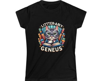 Women's Scholarly Cat Softstyle T-Shirt - Litter-ary Genius Cat Tee