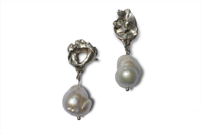 Hand carved sterling silver ethically sourced Baroque Pearl dangle drop earrings with organic shape, party earrings statement earrings image 3