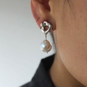 Hand carved sterling silver ethically sourced Baroque and rare natural Pearl dangle drop earrings w/ organic shape, party statement earring