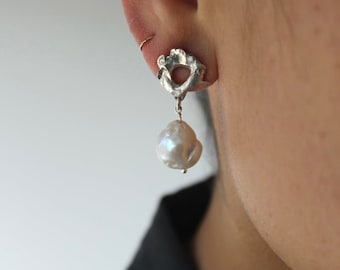 Hand carved sterling silver ethically sourced Baroque Pearl dangle drop earrings with organic shape, party earrings statement earrings