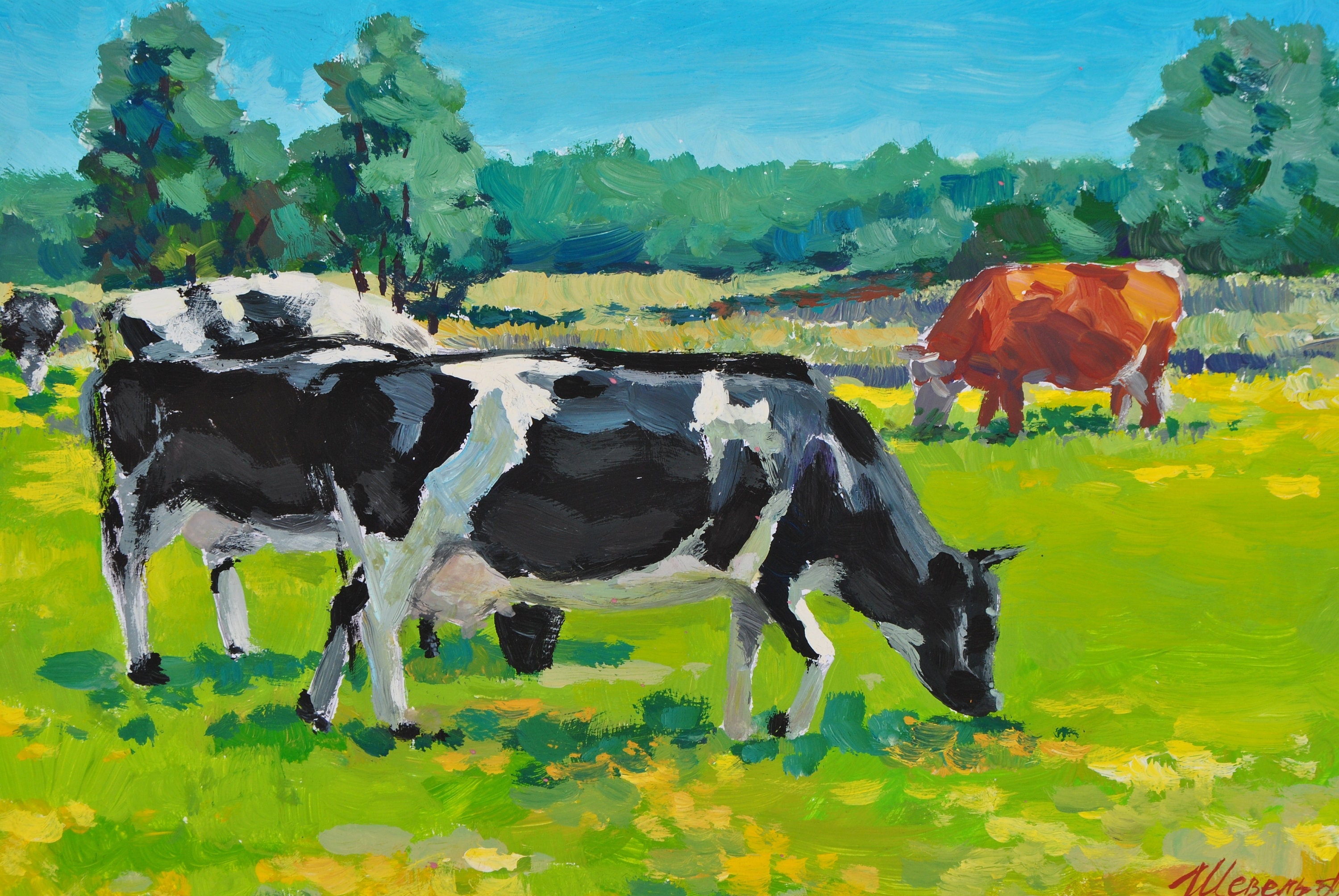 Cows in Meadow Gouache Painting, Original Farmhouse Art (8x11)