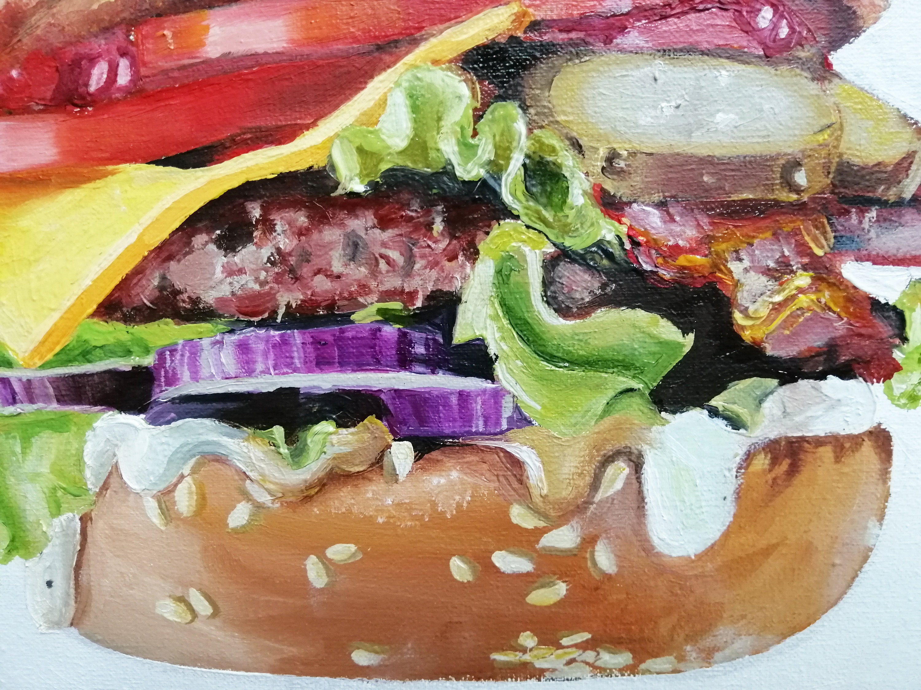 Burger oil painting on canvas Fast food miniature oil painting Etsy