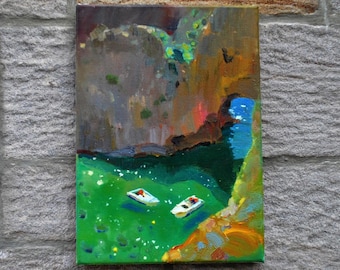 Dipinto ad olio del porto portoghese, arte del paesaggio costiero