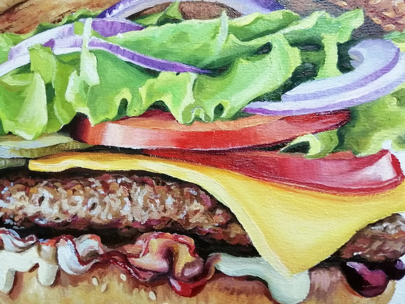 Burger oil painting original Hyperrealism Fast food small oil Etsy