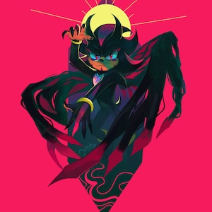 May include: Illustration of a character with black fur, red eyes, and a menacing expression. The character is set against a vibrant pink background with a yellow sun-like shape and a dark green and red diamond shape.