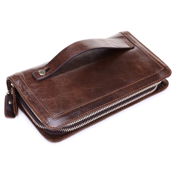 Mens Retro Zip Wallet Solid Color Clutch Long Wallet Multi Card Wallet AfterSo
