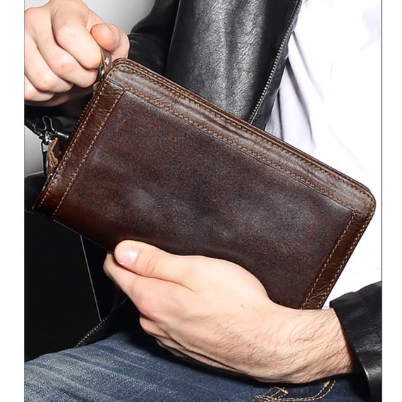 Mens Retro Zip Wallet Solid Color Clutch Long Wallet Multi Card Wallet AfterSo