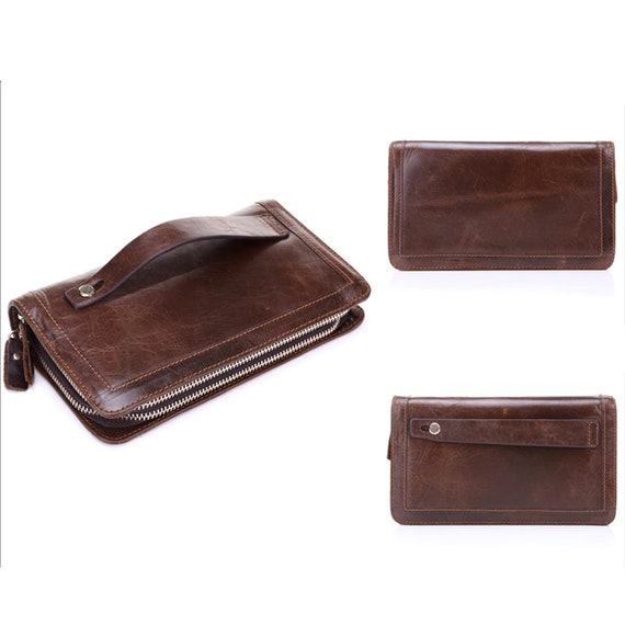 Mens Retro Zip Wallet Solid Color Clutch Long Wallet Multi Card Wallet AfterSo