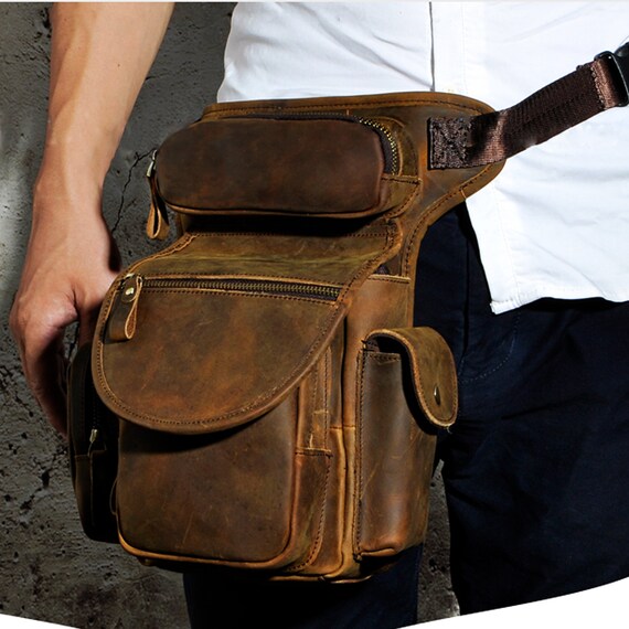 Handmade Vintage Leather Bag Fanny Pack Waist Thigh Bum Belt Messenger Shoulder Bag Travel Motorcycle Crossbody Bag One Shoulder Bag Fashion
