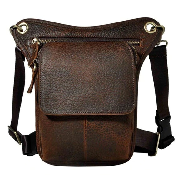 Mens Genuine Leather Brown 10/" Waist Fanny Pack Sling Messenger Shoulder Bags