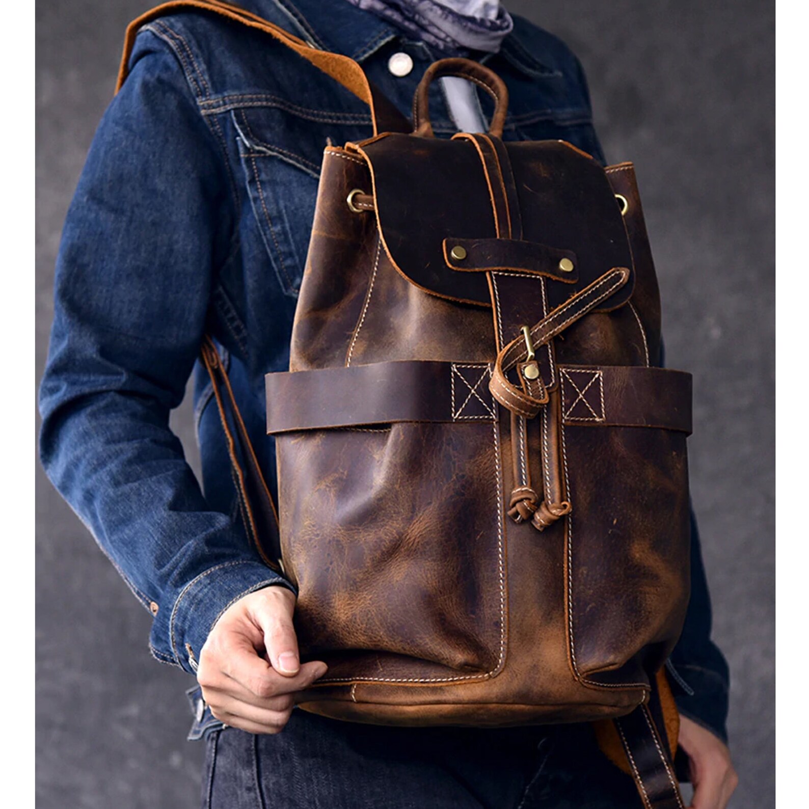 Leather Rucksack Brown Genuine Leather Backpack Handmade Men Etsy