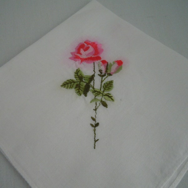 Vintage Handkerchief ~ Rose ~ Hanky ~ Crafts ~ Craft Supply ~ Pink ~ Linen ~ Ladies Handkerchief ~ Accessory ~ Embroidered ~ Gift ~ Wedding