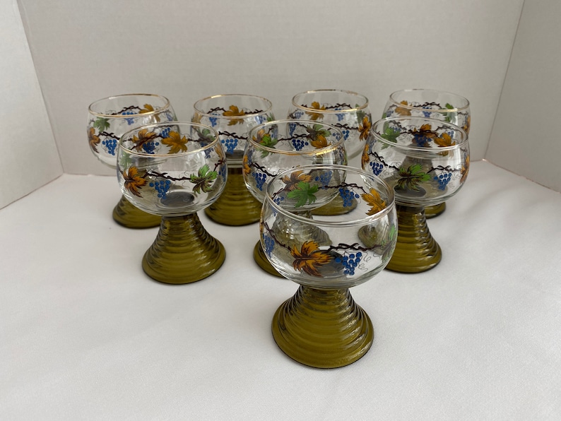 Vintage German Roemer Wine Goblets ~ Wine Glasses ~ Beehive Stem ~ Grape Leaf Design ~ 5oz ~ Vintage Bar Glasses
