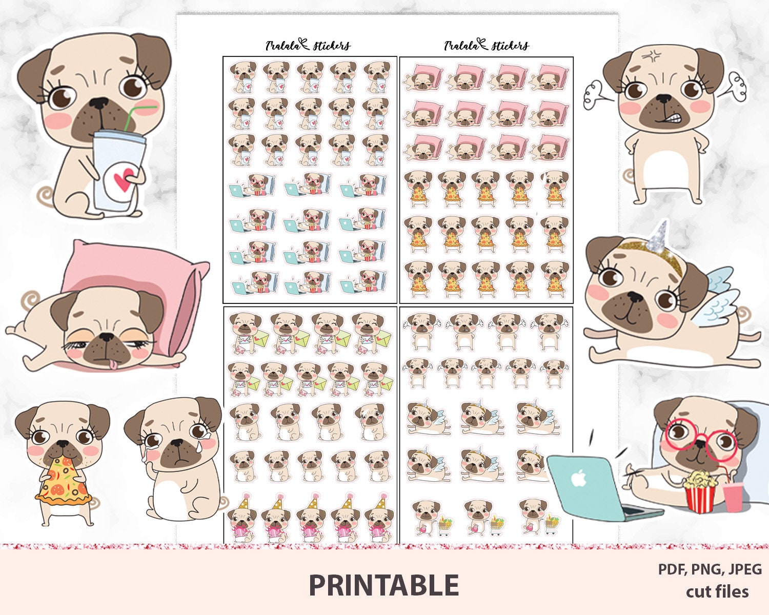50PCS Kawaii Pug Dog Animal Stickers Waterproof Stickers Decals for Children,Teens and Girls,Unique Durable Aesthetic Trendy Sticker Perfect for,Laptop,Computer,Phone 