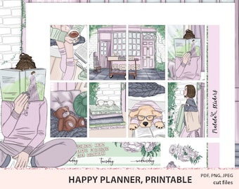 Printable Planner Stickers Happy planner Booklover, Book Nerd Sticker Kit, MAMBI Weekly Set, digital stickers, travelers notebook pack