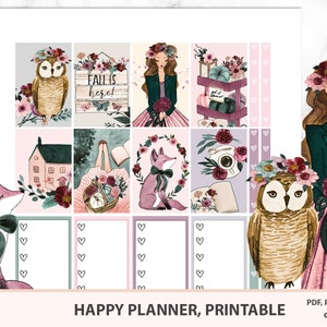 May include: Printable planner stickers featuring autumn-themed illustrations. The stickers include owls, foxes, leaves, and the text "Fall is here!" The stickers are designed for use with Happy Planners.