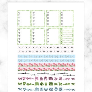 May include: A printable planner sticker sheet with a green and white plaid design. The sheet includes boxes for writing, a calendar, and a variety of decorative elements, including hearts, bows, and flowers.