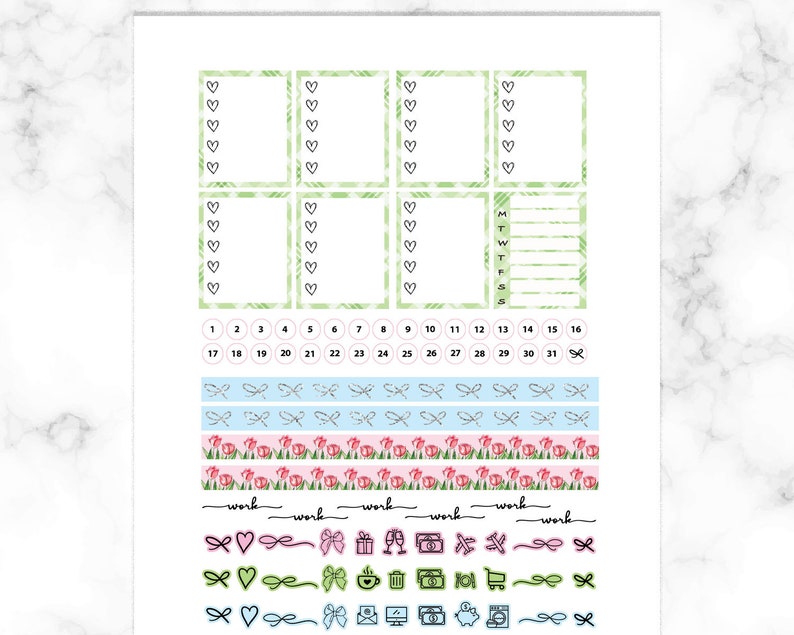 May include: A printable planner sticker sheet with a green and white plaid design. The sheet includes boxes for writing, a calendar, and a variety of decorative elements, including hearts, bows, and flowers.