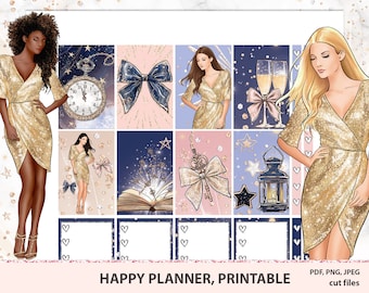 May include: A set of printable planner stickers featuring a gold glitter dress, a clock, a bow, a book, a key, a lantern, and stars. The stickers are designed for use with a Happy Planner.