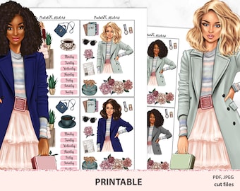 Boss babe sticker kit, Happy planner journaling, Bullet journal printable stickers with fashion theme, Fashionable brunette blond and Afro