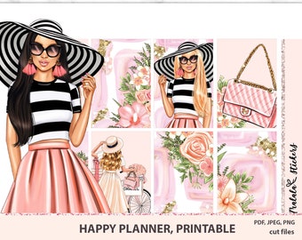 May include: A set of printable planner stickers featuring a stylish woman wearing a black and white striped shirt, a pink skirt, and a black and white hat. The stickers also include pink flowers, a pink handbag, and the text "Happy Planner, Printable".