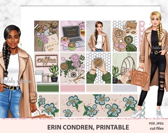 Coffee please Erin Condren planner stickers, Printable weekly sheets, vertical boxes with fashion girls illustration, ECLP decoration labels