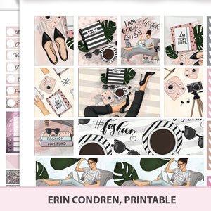 Puede incluir: Un conjunto de pegatinas imprimibles para planificadores que muestran a una mujer en varias poses, incluyendo sentada en un sofá, con tacones y sosteniendo una cámara. Las pegatinas tienen un esquema de color rosa, negro y blanco e incluyen texto como "Estoy muy ocupada" y "#fashion".
