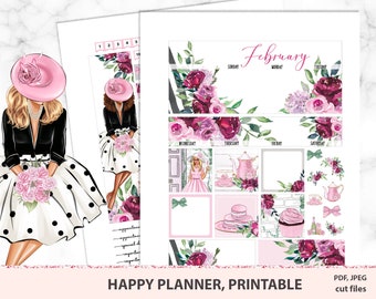 February/May Monthly Kit Happy planner Printable, MAMBI monthly view stickers with cute girls, floral printable kit with cut files