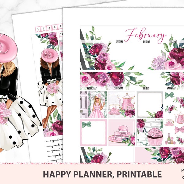 Februar/Mai Monats-Kit Happy Planner Printable, MAMBI Monatsansicht Sticker mit süßen Mädchen, florales druckbares Kit mit Schnittdateien