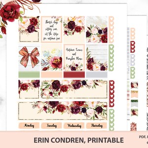 Naklejki do planera Marsala floral do wydrukowania Erin Condren Life planer pionowy widok, pakiet tygodniowy, do pobrania zestaw ECLP z kwiatami JPEG PNG