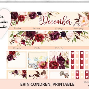 Maandelijkse decemberkit voor Erin Condren life planner, afdrukbare maandelijkse weergavekit. ECLP-set met bloementhema. Downloadbaar png-bestand