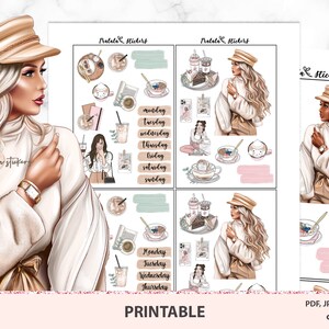 Könnte beinhalten: Druckbare Planer-Aufkleber mit einer Frau in einem beigen Mantel und Hut, Kaffeetassen, Wochentagen und anderen Illustrationen. Der Text "Tralala Stickers" und "Printable" ist ebenfalls enthalten.