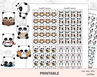 Panda Character Stickers, Printable kit, Planner Stickers, Coffee, Reading books, Groceries, Bills, Music, Sleeping, Nap time, Cute Kawaii